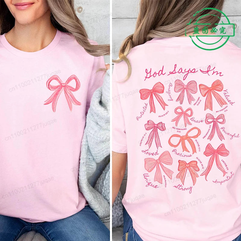 the GOD SAYS - God Says I Am Coquette Bow Trend Women Fashion Clothing Graphic T-Shirts, Clothes Boho Jesus Bible Verse Print Shirt Casual Tee