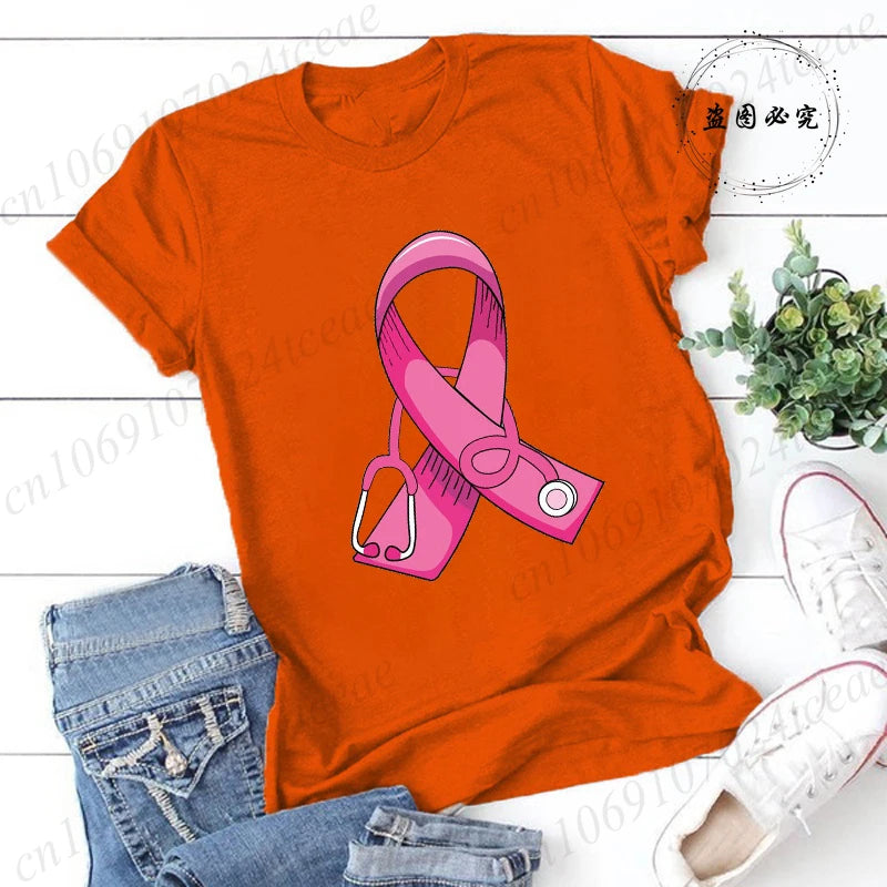 Breast Cancer Doctor Print Tshirt Women Breast Cancer Warrior Graphic Aesthetic T Shirt Pink Stethoscope Tshirt Ladies Clothing