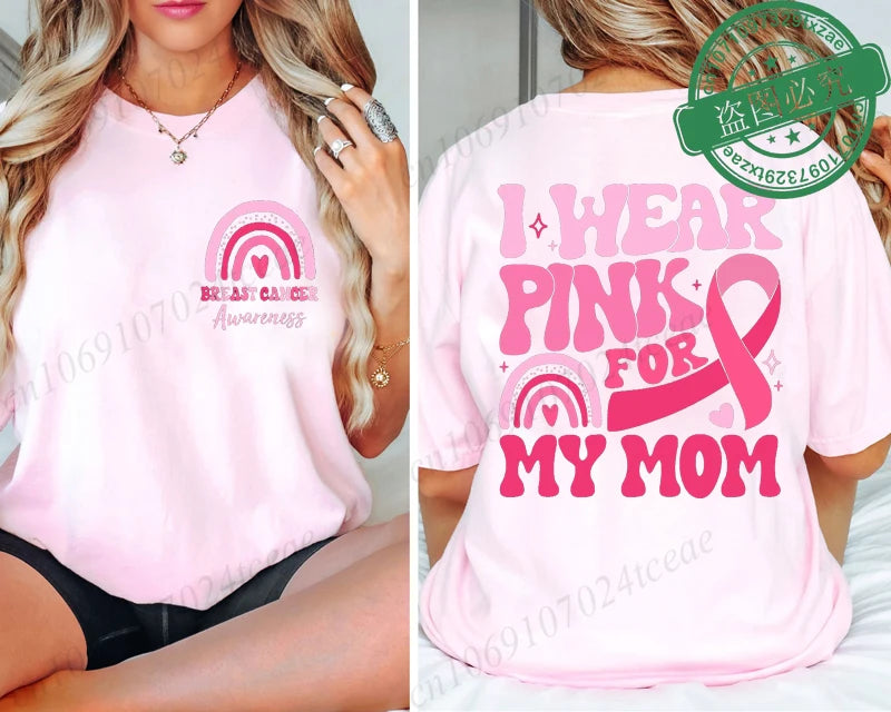 the PINK FOR - I Wear Pink for Breast Cancer Print Women T-Shirt, Pink Ribbon Support Squad Shirt for Women, Fashion Casual Clothes Summer T-Shirt