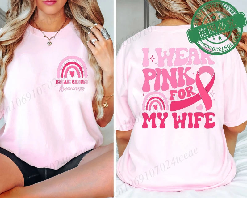 the PINK FOR - I Wear Pink for Breast Cancer Print Women T-Shirt, Pink Ribbon Support Squad Shirt for Women, Fashion Casual Clothes Summer T-Shirt