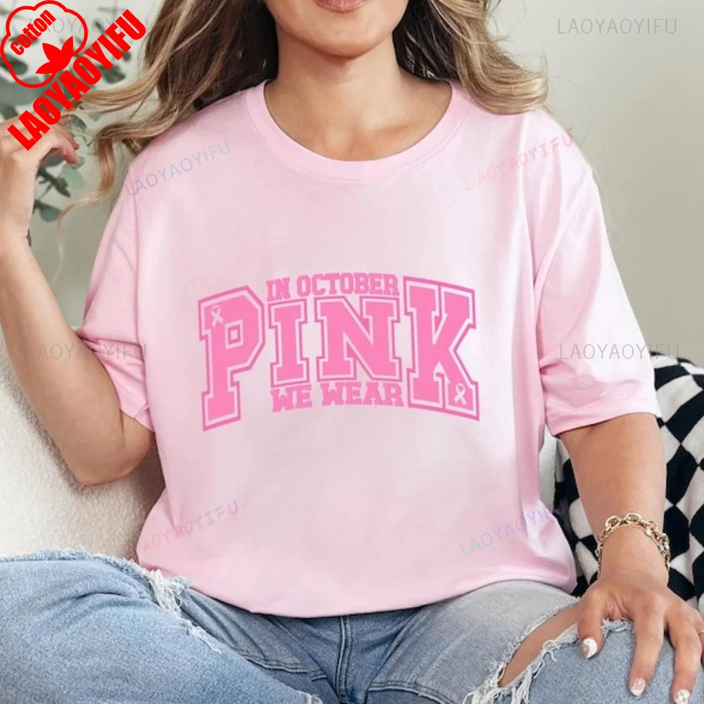 the VARSITY PINK - "In October We Wear Pink" Breast Cancer Awareness Style Graphic T-Shirts, Woman High Quality Cotton T-Shirt, Casual Short-Sleeve Tee