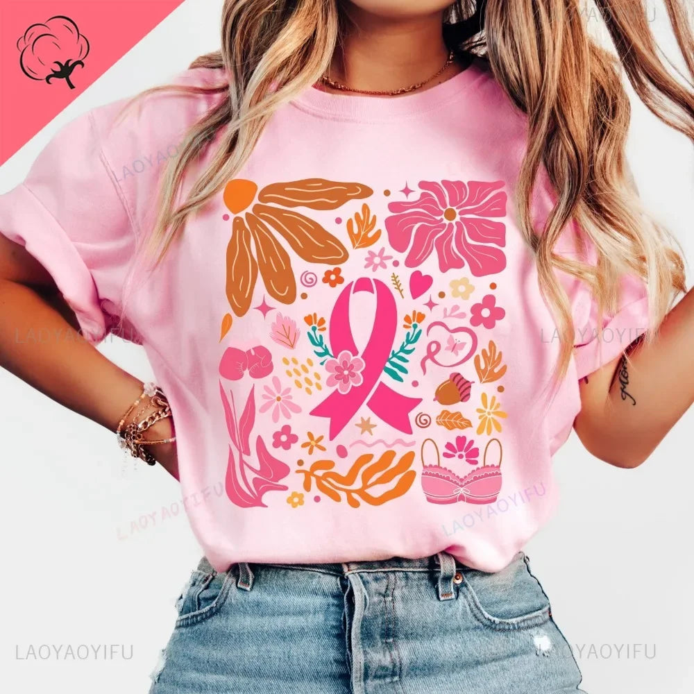 Breast Cancer Awareness Fight Print T Shirt in October We Wear Pink Awareness Ribbon Aesthetic Clothes Pink and White Tops Shirt