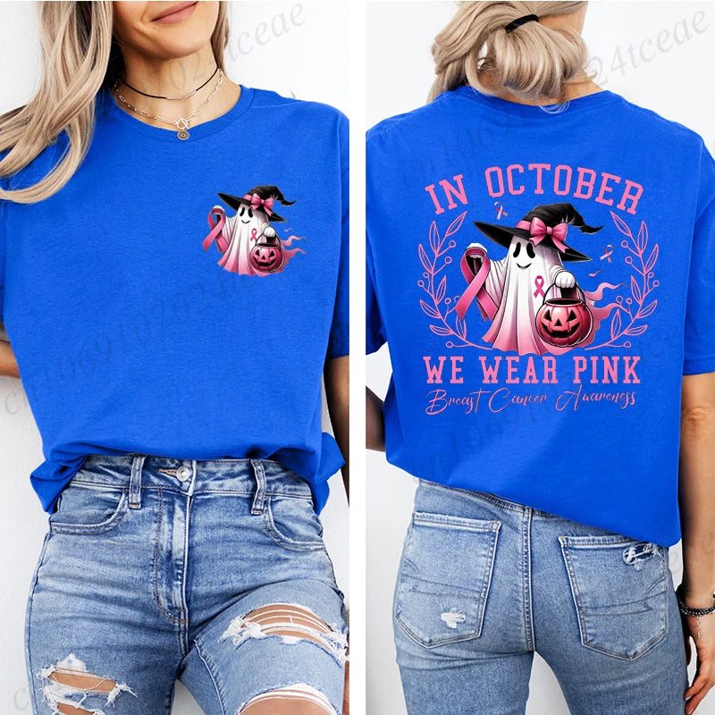 In October We Wear Pink Print Tshirt Women Fashion T Shirt Casual Summer Tee Shirts Breast Cancer Streetwear Short Sleeve Shirt