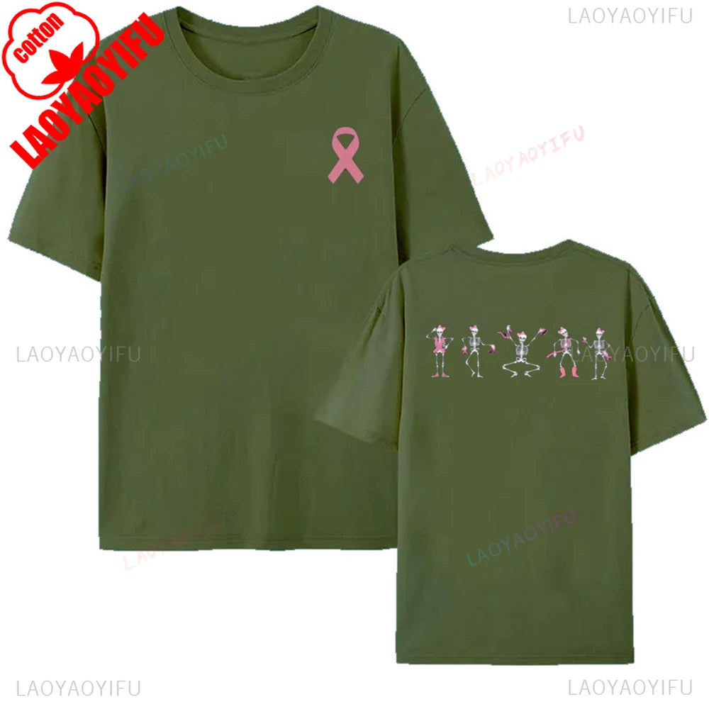 Breast Cancer Awareness Pink Ribbon Skeleton T-Shirt Halloween Gift Dancing Bones Shirt Women Men Unisex Comfortable Cotton Tee