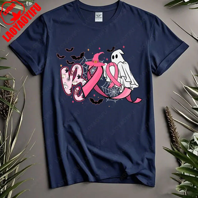 Boo Halloween Pumpkin Ghost Tee Men Women Cotton Tops in October We Wear Pink Ribbon Witch Roupas Breast Cancer Awareness Tshirt