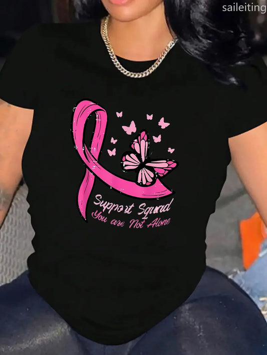 Women's Casual Sports TShirt Round Neck Sleeve Pink Butterfly Breast Cancer Awareness Print Comfortable Summer Aesthetic Clothes
