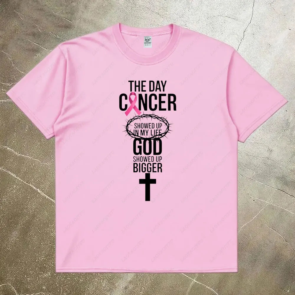 the GOD SHOWED UP - Breast Cancer Awareness Women Shirt, Breast Cancer Awareness God Showed Up Bigger Christian Quote T-Shirts Tops