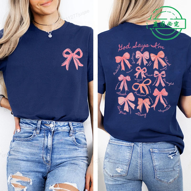 the GOD SAYS - God Says I Am Coquette Bow Trend Women Fashion Clothing Graphic T-Shirts, Clothes Boho Jesus Bible Verse Print Shirt Casual Tee