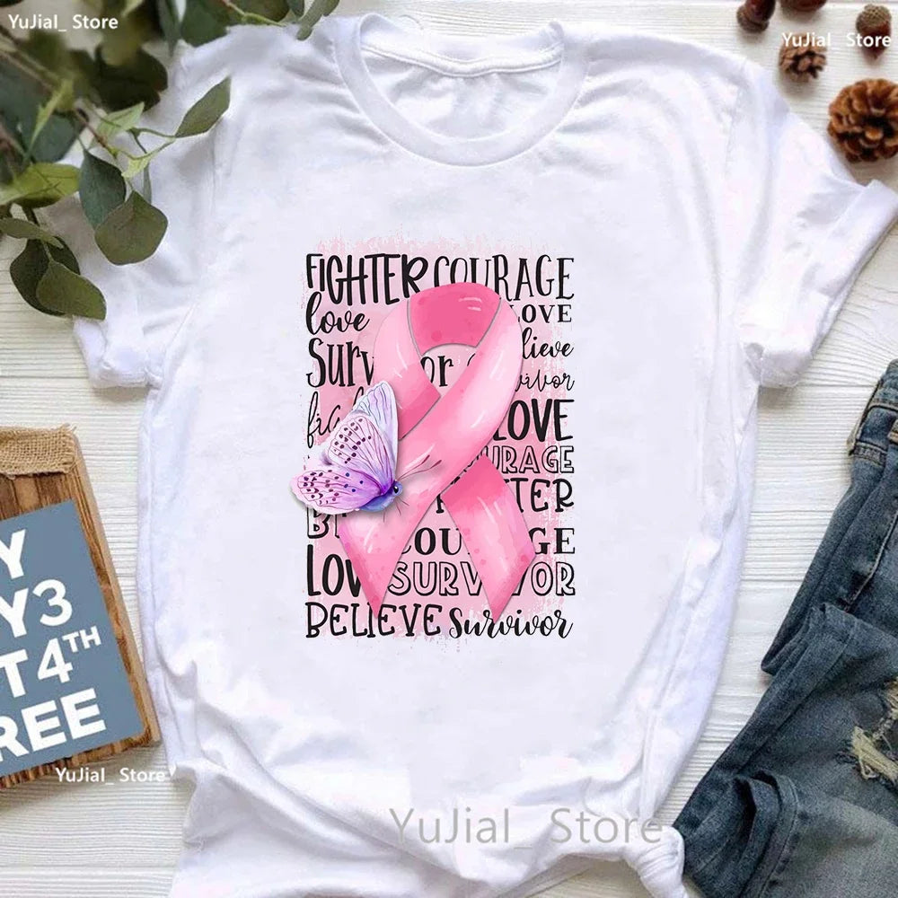 Breast Cancer Awareness Print T Shirt Women Pink High Shoes Tshirt Femme Summer Short Sleeve T-Shirt Female Dropshipping
