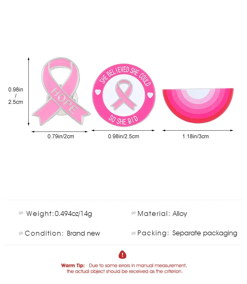 PBR098, 3 Pieces "She Believed She Could So She Did" Hope Pink Ribbon Breast Cancer Awareness Enamel Brooch Lapel Pin Badge