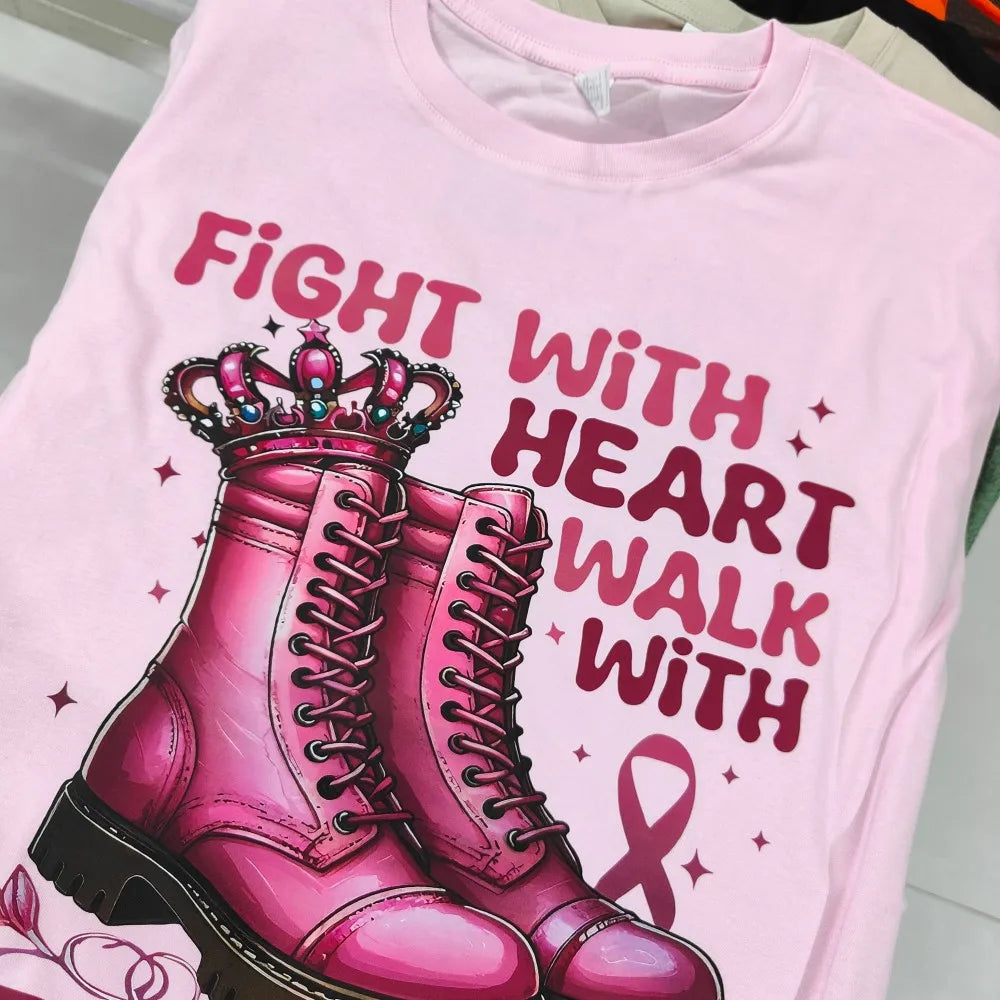 Fight with Heart Walk with Strength Shirt Breast Cancer Awareness Tshirt Cancer Fighter T-shirt October Pink Women Cotton Shirts