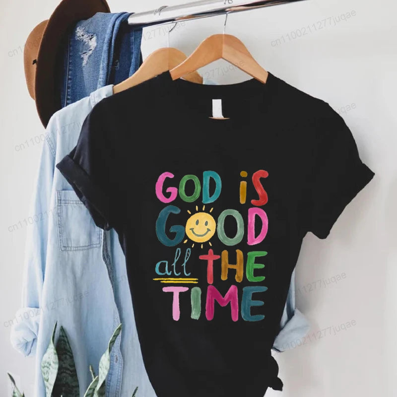 the GOD IS GOOD - God Is Good All the Time Print T-Shirts, Women Summer T Shirt Bible Verse Funny Tops Tee, Christian Jesus Female Casual Clothing