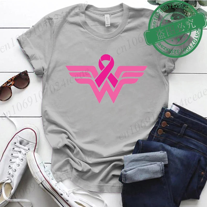 Summer Y2k Women T-shirt Cancer Ribbon Wonder Printed Female Clothing Short Sleeve Breast Cancer Awareness Tops Fighter Tees