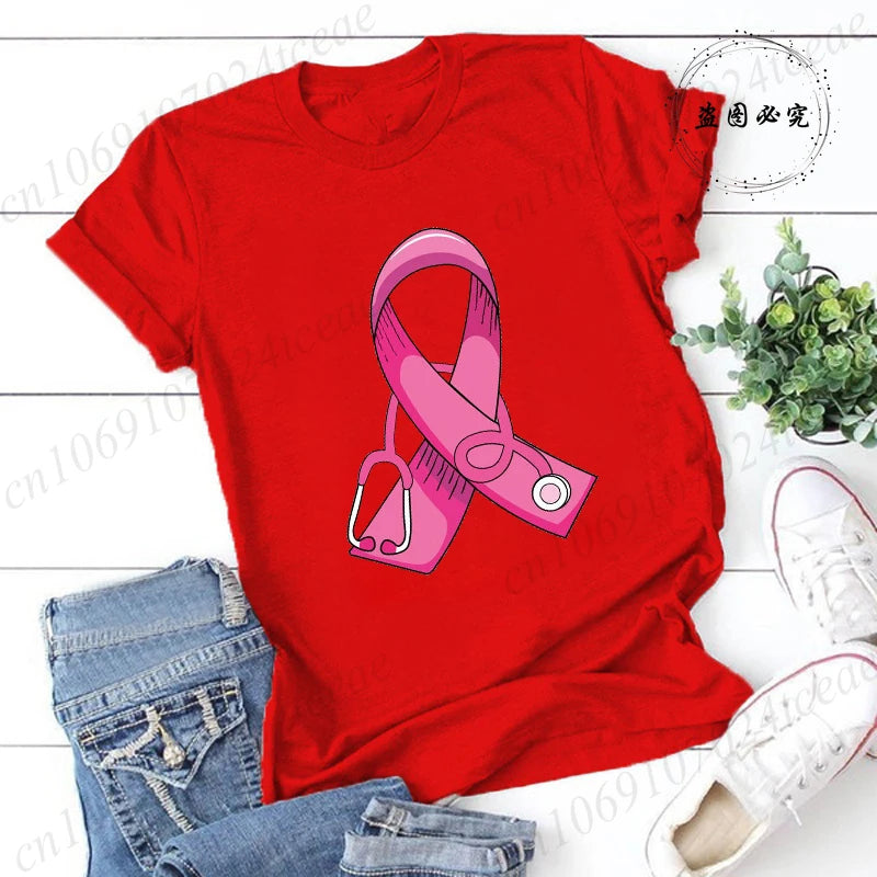Breast Cancer Doctor Print Tshirt Women Breast Cancer Warrior Graphic Aesthetic T Shirt Pink Stethoscope Tshirt Ladies Clothing