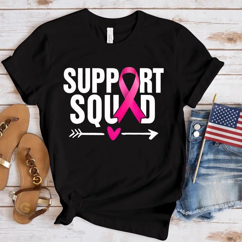 the SUPPORT SQUAD - Breast Cancer Awareness Support Squad Printed Short Sleeve Shirts for Women