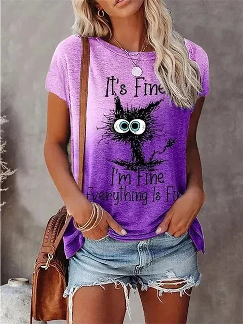 the I'M FINE - 3D Print T-Shirts Women Streetwear Summer Cartoon Cats Fine, Casual Fashion Short Sleeve T Shirt O-neck Tees Tops Clothing