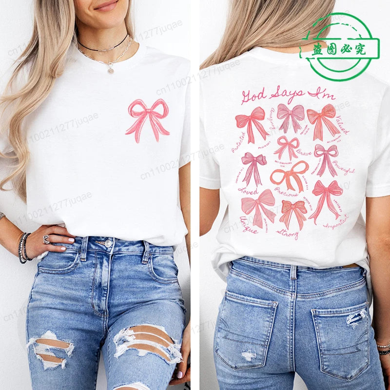 the GOD SAYS - God Says I Am Coquette Bow Trend Women Fashion Clothing Graphic T-Shirts, Clothes Boho Jesus Bible Verse Print Shirt Casual Tee