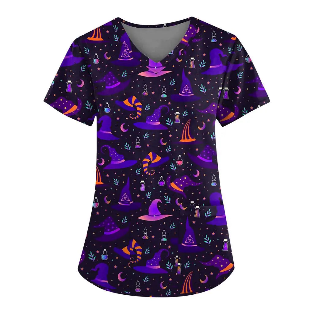 Women's Hospital Uniform Halloween Cartoon Print Dental Nurse Tops V-Neck Short Sleeve with Pocket Tee Medical Uniform for Women