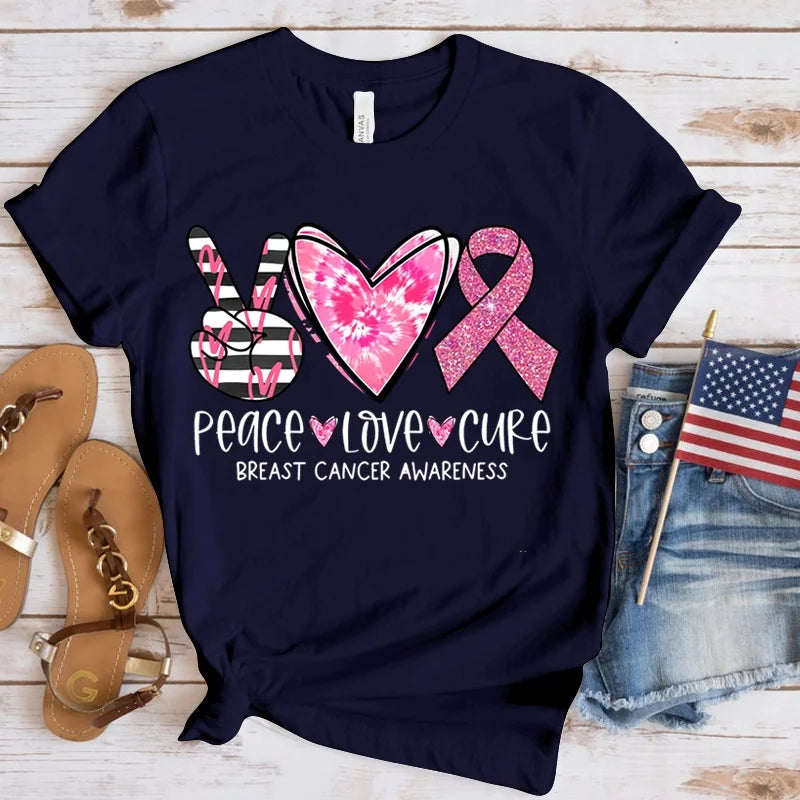 the PEACE LOVE CURE - Breast Cancer Awareness T-Shirt for Women