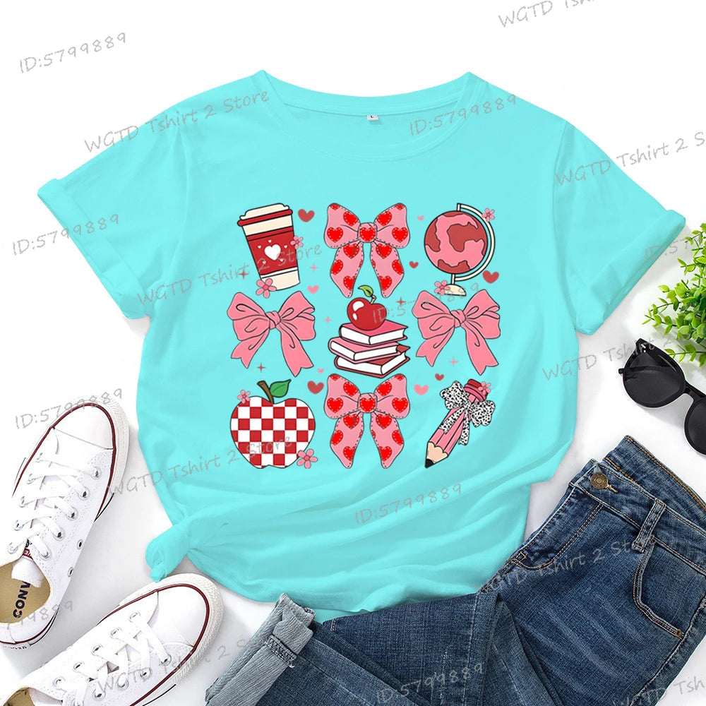 Teacher's Day Graphic Print T-Shirt Teacher Gifts Pink Bows Coquette Crewneck Clothing Back To School Shirt Cute Teacher Tees
