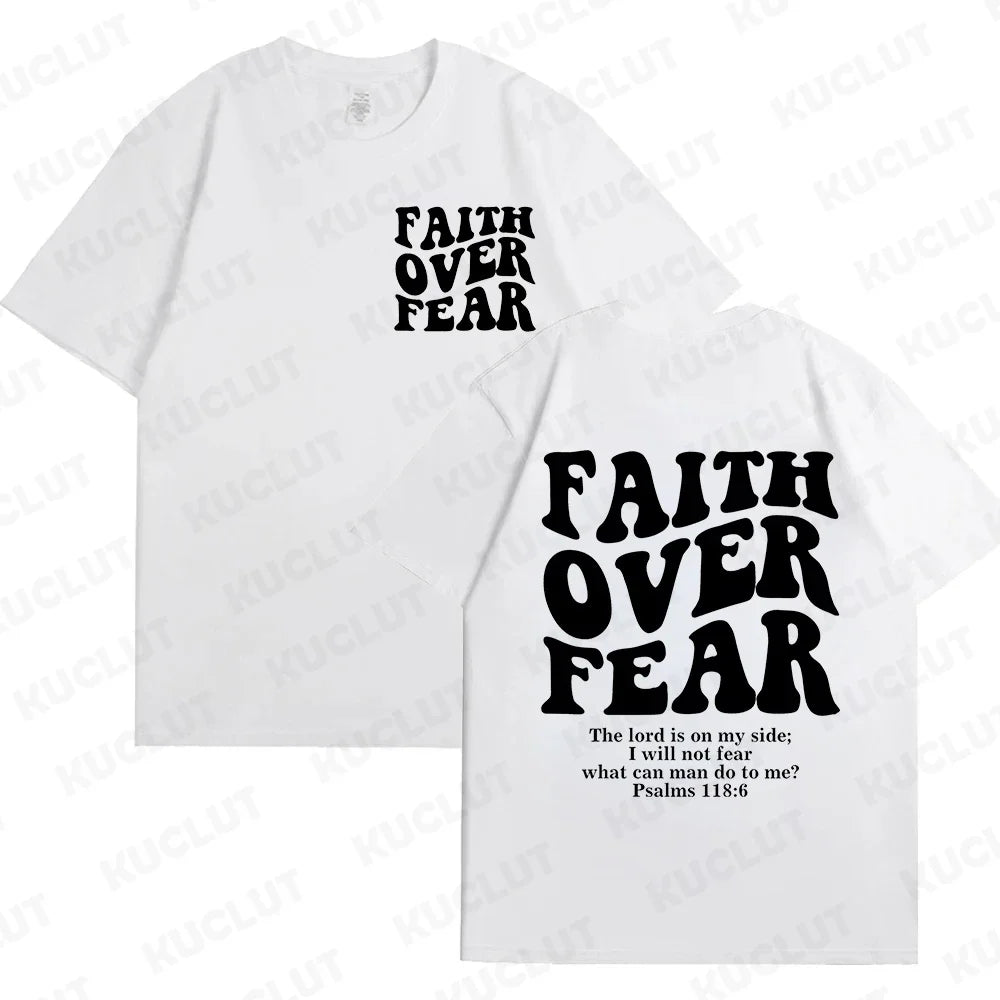 the FAITH OVER FEAR - Christian Women T-Shirts, Christian Clothes, Jesus Fashion Trendy T-Shirts Bible Verse Sportwear Aesthetic Clothes