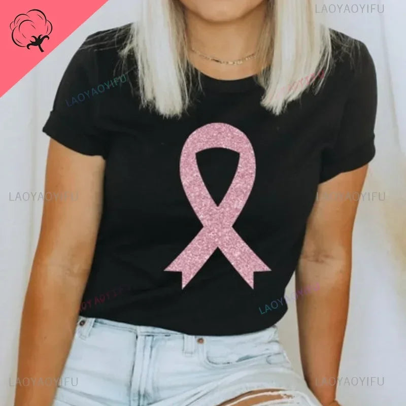 Ribbon Print Breast Cancer Awareness Shirts Cancer Survivor Shirt Pink Ribbon Shirt Breast Cancer Awareness Gift Tees Cotton Tee