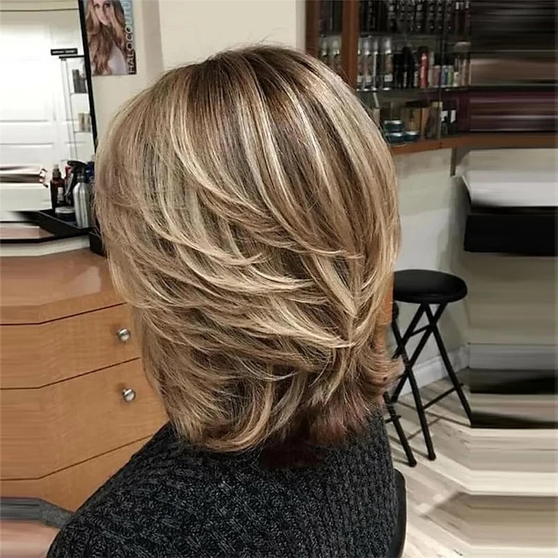 the LAYERED BOB - Dark Gray Ombre Layered Wigs with Bangs for Women, Synthetic Hair Short Gray Highlight Straight  Layered Bob Wig