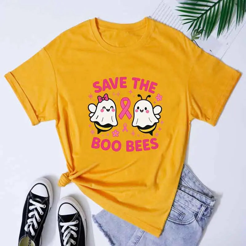 the SAVE THE BOO-BEES - Halloween "Save the Boo Bees" Tees, Funny Ghost Bee Breast Cancer Awareness T-Shirt, Cute Strong Women Pink Ribbon T-Shirt