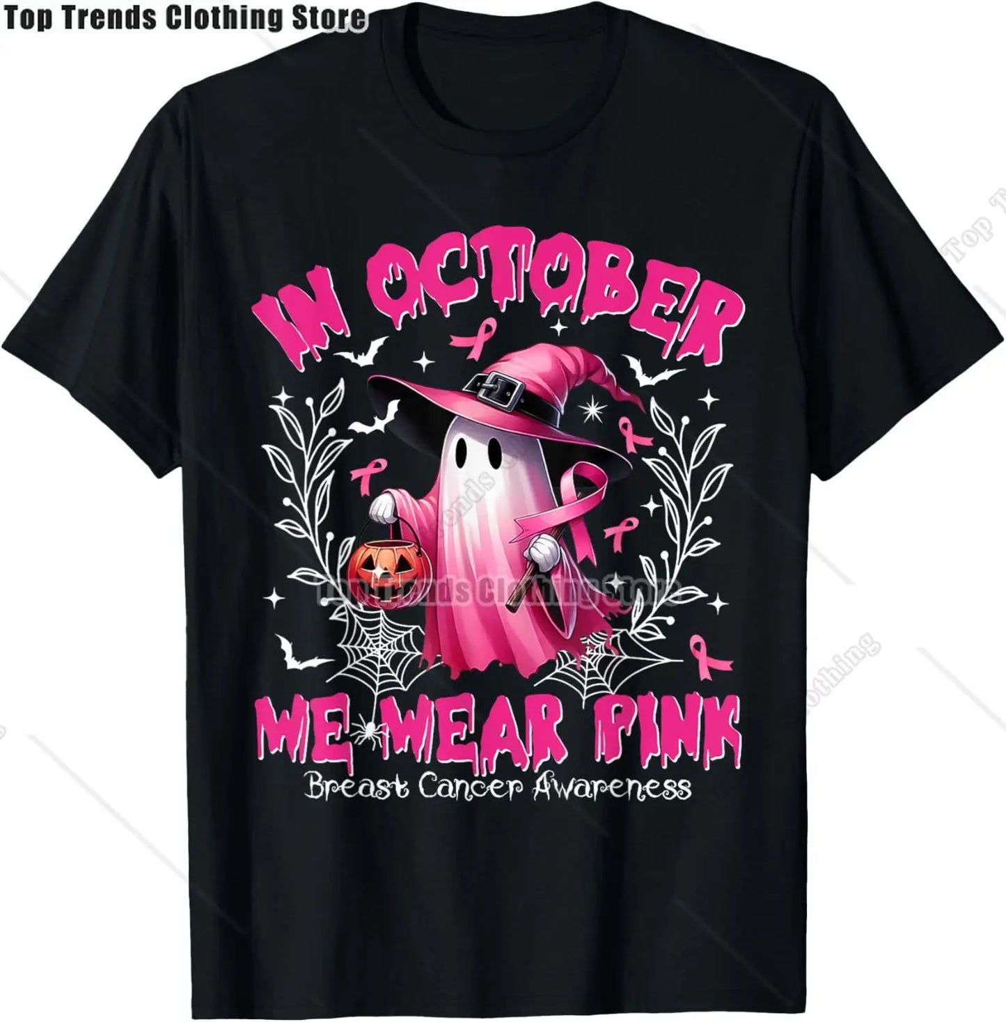 In October We Wear Pink Ghost Witch Breast Cancer Awareness T-Shirt Cosplay Clothes Streetwear Tee Shirt Plus Size Tops