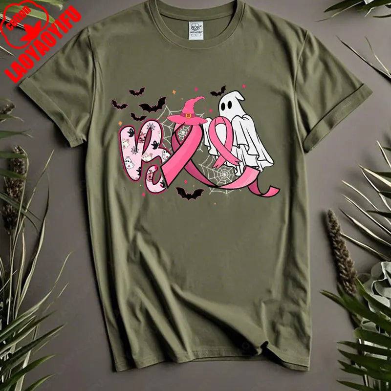 Boo Halloween Pumpkin Ghost Tee Men Women Cotton Tops in October We Wear Pink Ribbon Witch Roupas Breast Cancer Awareness Tshirt