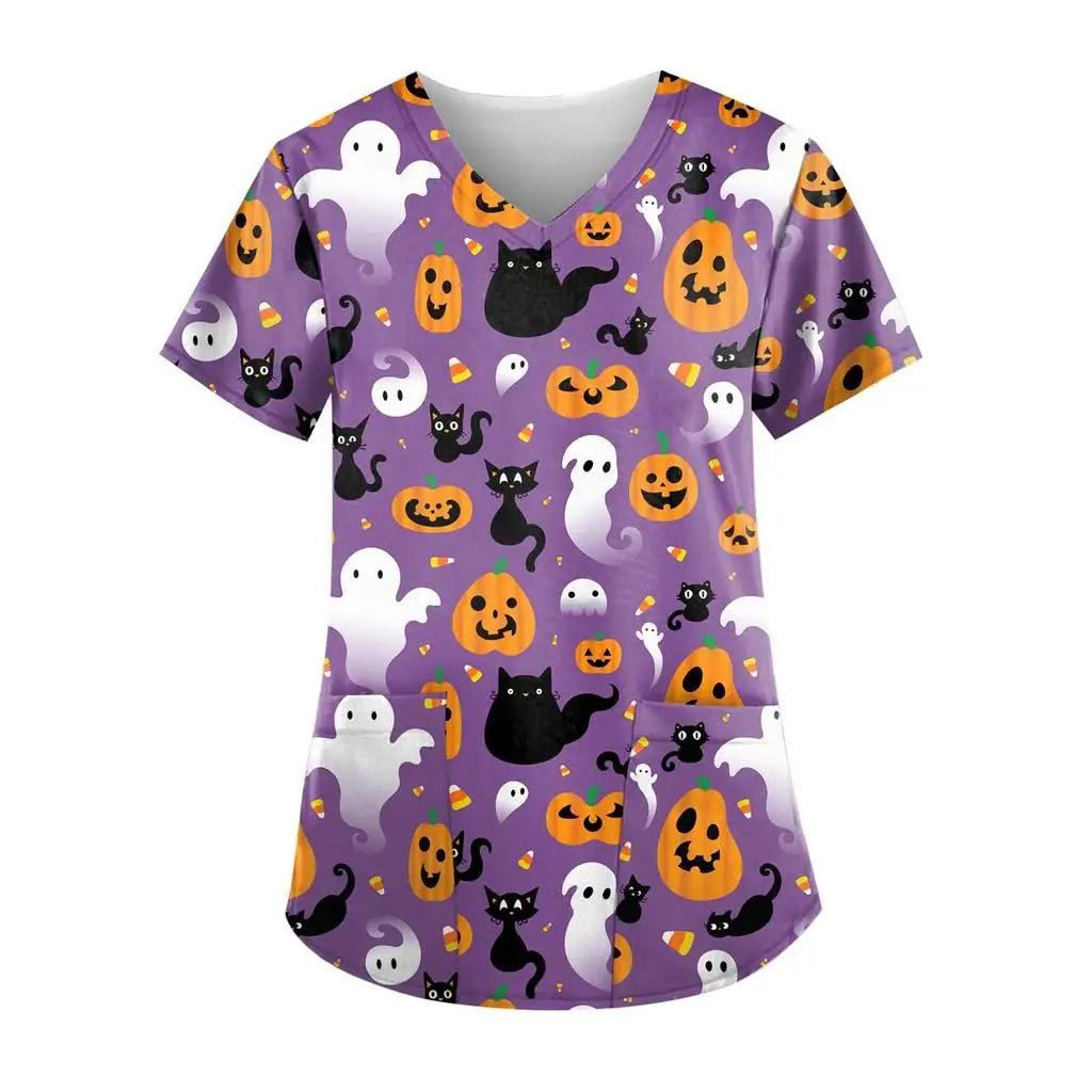 Women's Hospital Uniform Halloween Cartoon Print Dental Nurse Tops V-Neck Short Sleeve with Pocket Tee Medical Uniform for Women