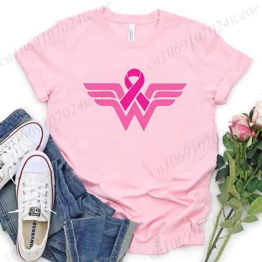 Summer Y2k Women T-shirt Cancer Ribbon Wonder Printed Female Clothing Short Sleeve Breast Cancer Awareness Tops Fighter Tees