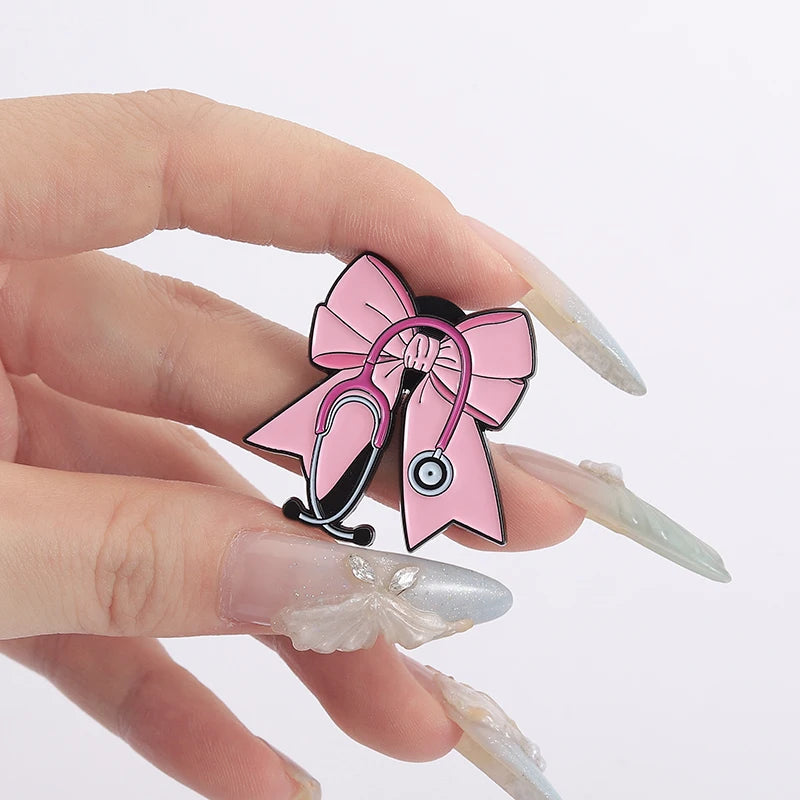 Pink Bow Stethoscope Enamel Pin Doctors Nurses Medical Series Brooches Lapel Backpack Badge Jewelry Accessories For Friends