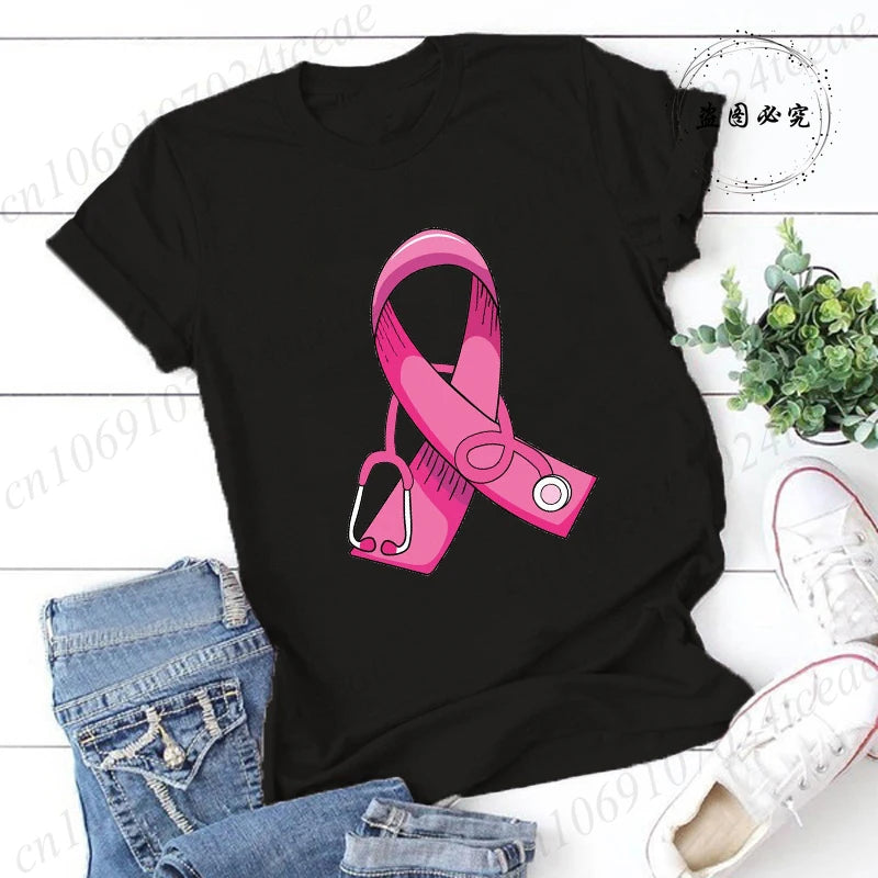 Breast Cancer Doctor Print Tshirt Women Breast Cancer Warrior Graphic Aesthetic T Shirt Pink Stethoscope Tshirt Ladies Clothing