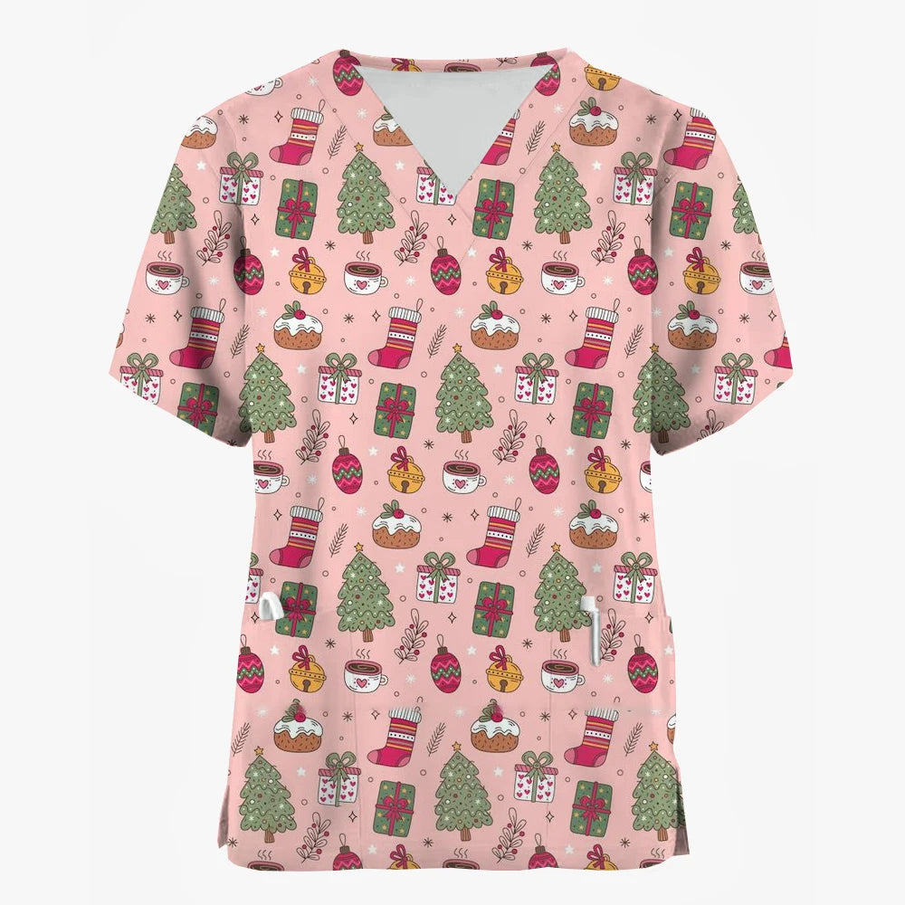 Christmas Medical Scrubs for Women Cartoon Pattern Print Dental Nurse Tops Fashion V-Neck Short Sleeve Clinical Uniform Woman