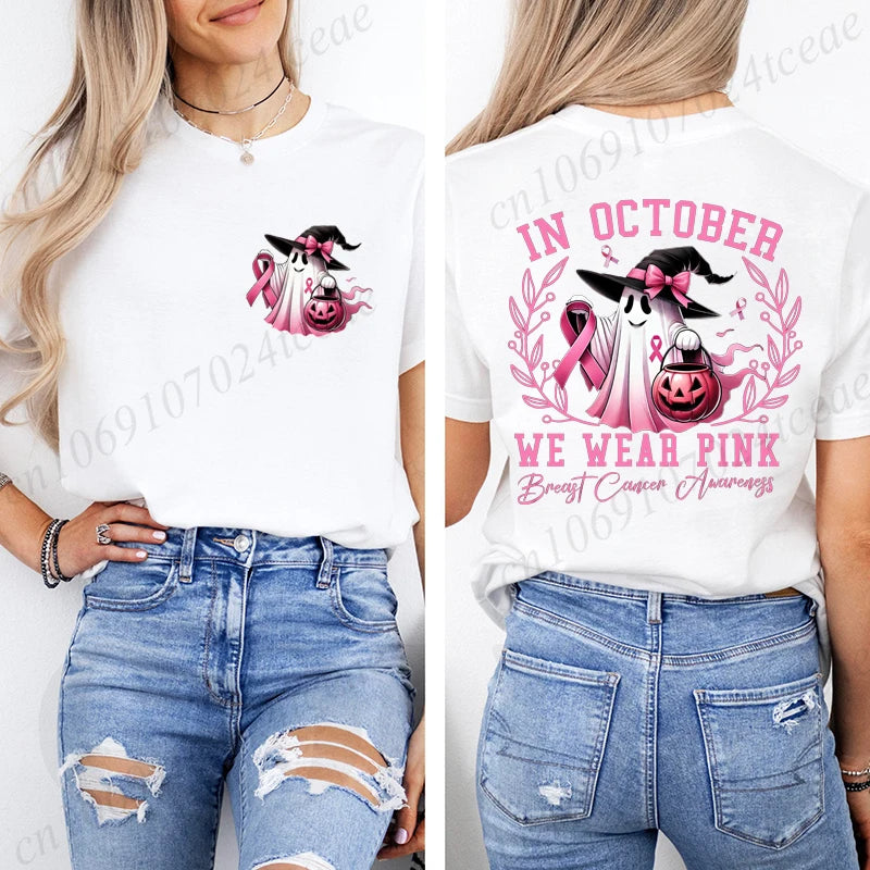 In October We Wear Pink Print Tshirt Women Fashion T Shirt Casual Summer Tee Shirts Breast Cancer Streetwear Short Sleeve Shirt