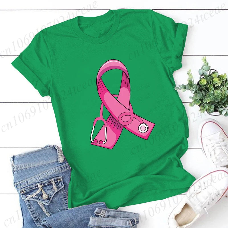 Breast Cancer Doctor Print Tshirt Women Breast Cancer Warrior Graphic Aesthetic T Shirt Pink Stethoscope Tshirt Ladies Clothing