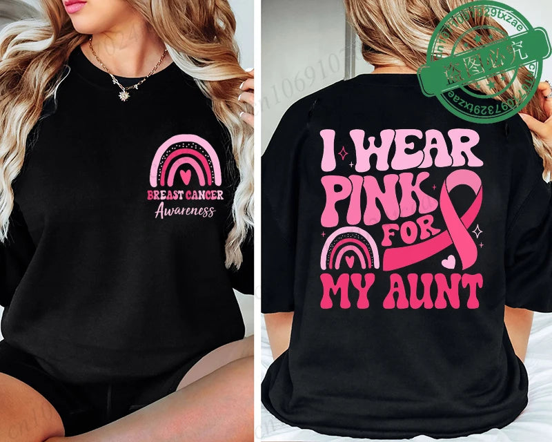 the PINK FOR - I Wear Pink for Breast Cancer Print Women T-Shirt, Pink Ribbon Support Squad Shirt for Women, Fashion Casual Clothes Summer T-Shirt