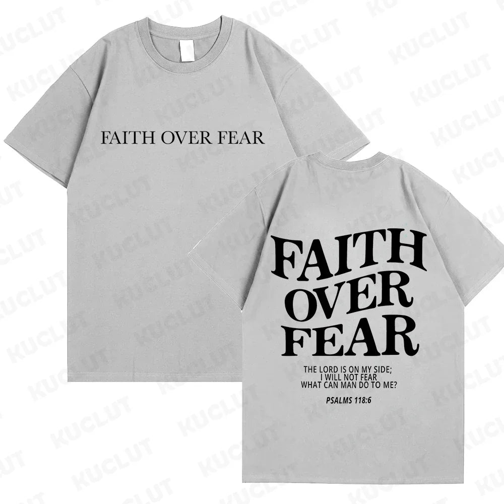 the FAITH OVER FEAR - Christian Women T-Shirts, Christian Clothes, Jesus Fashion Trendy T-Shirts Bible Verse Sportwear Aesthetic Clothes