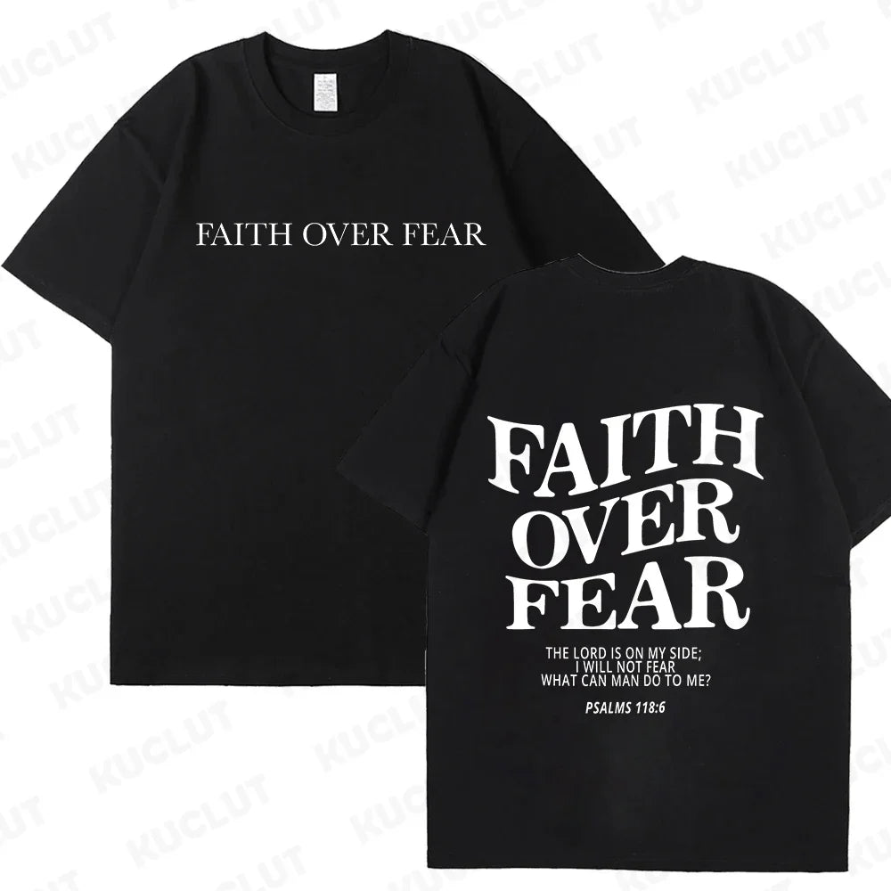the FAITH OVER FEAR - Christian Women T-Shirts, Christian Clothes, Jesus Fashion Trendy T-Shirts Bible Verse Sportwear Aesthetic Clothes