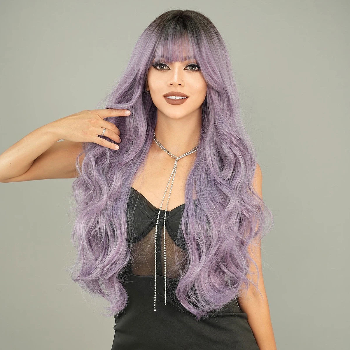 the GODDESS - Long Wavy Grey Purple Wig for Women, Cosplay Daily Party Overhead Dyeing Wavy Synthetic Heat-Resistant Wigs