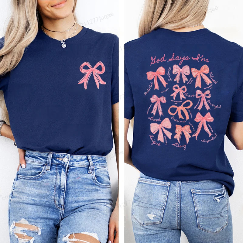 the GOD SAYS - God Says I Am Coquette Bow Trend Women Fashion Clothing Graphic T-Shirts, Clothes Boho Jesus Bible Verse Print Shirt Casual Tee