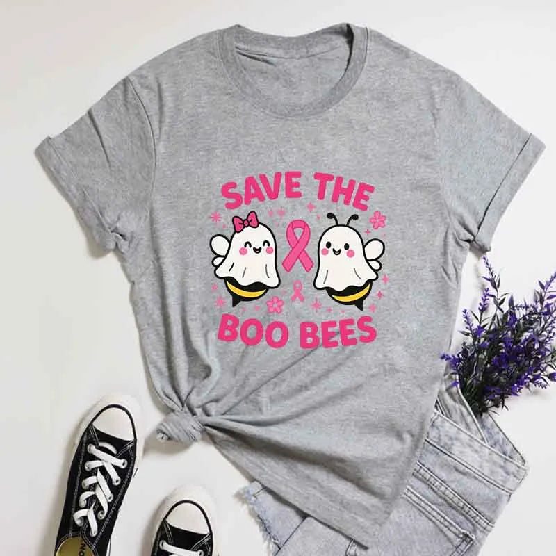 the SAVE THE BOO-BEES - Halloween "Save the Boo Bees" Tees, Funny Ghost Bee Breast Cancer Awareness T-Shirt, Cute Strong Women Pink Ribbon T-Shirt