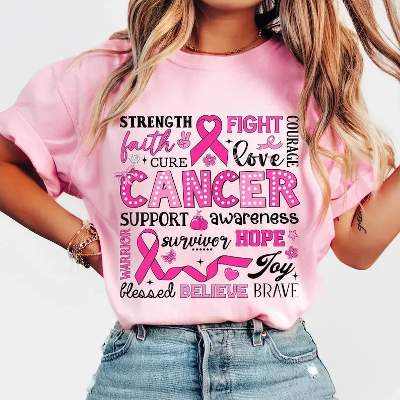 Breast Cancer Awareness Fight Print T Shirt in October We Wear Pink Awareness Ribbon Aesthetic Clothes Pink and White Tops Shirt