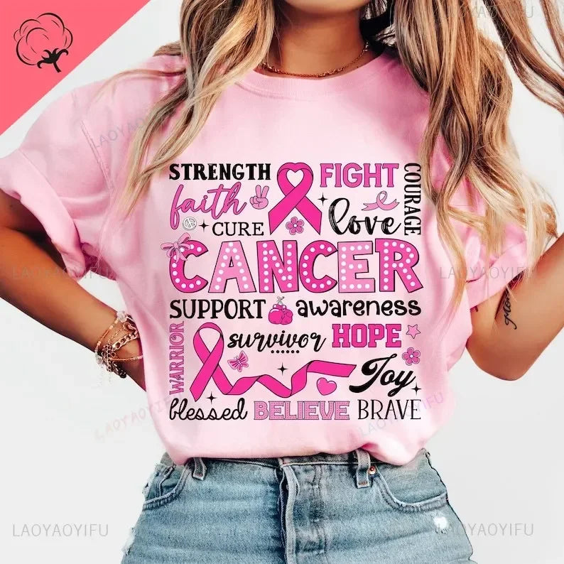 Breast Cancer Awareness Fight Print T Shirt in October We Wear Pink Awareness Ribbon Aesthetic Clothes Pink and White Tops Shirt