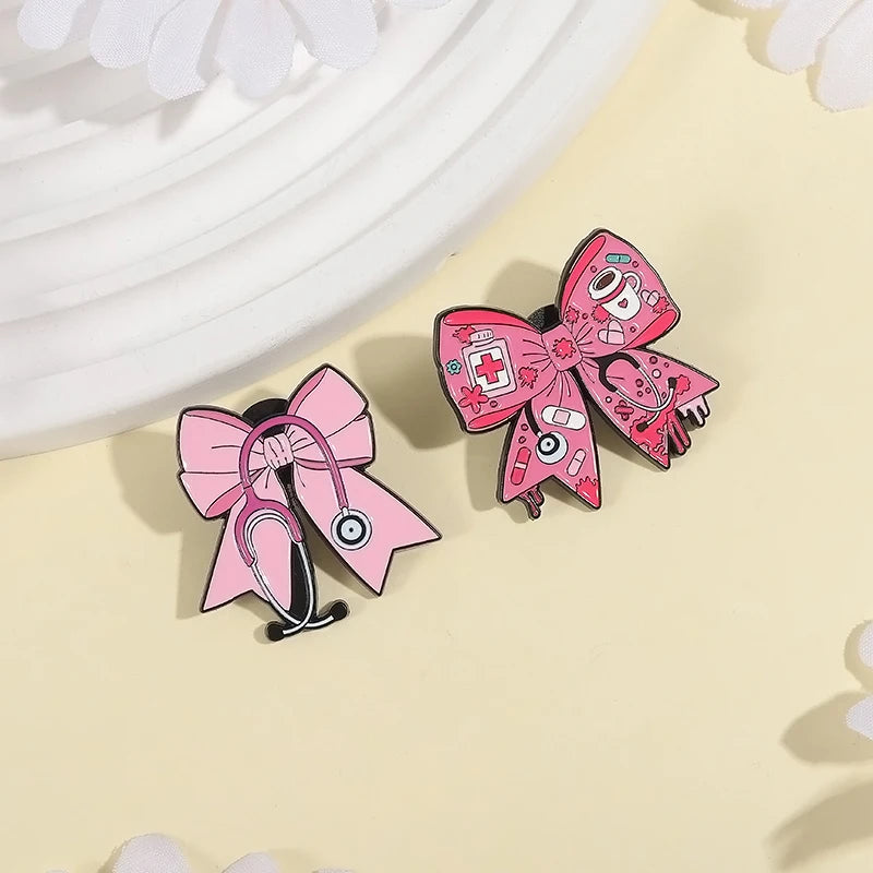 Pink Bow Stethoscope Enamel Pin Doctors Nurses Medical Series Brooches Lapel Backpack Badge Jewelry Accessories For Friends