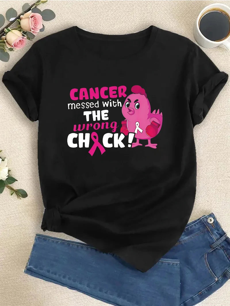 2024 New Breast Cancer Cancer Messed With Wrong Chick T-Shirt Summer New Short Sleeved Top Fashion Women's T-shirt