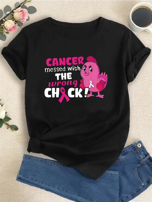 2024 New Breast Cancer Cancer Messed With Wrong Chick T-Shirt Summer New Short Sleeved Top Fashion Women's T-shirt