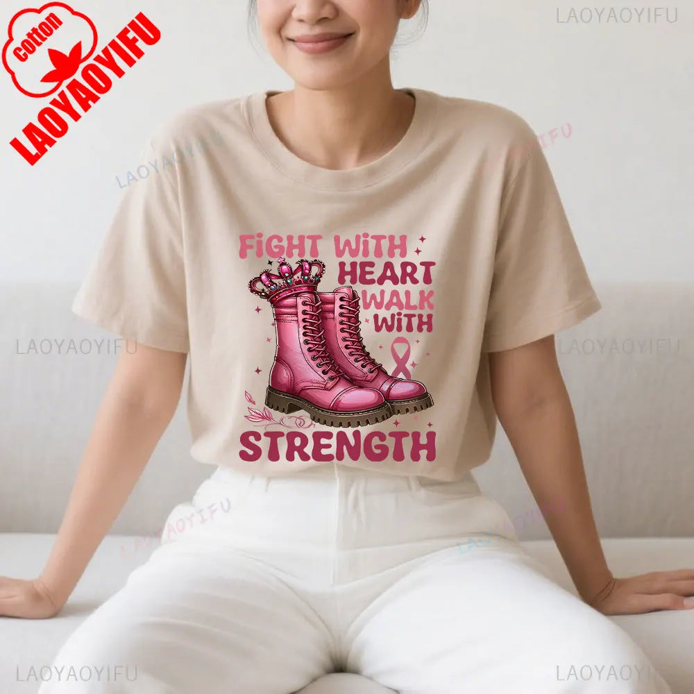 Fight with Heart Walk with Strength Shirt Breast Cancer Awareness Tshirt Cancer Fighter T-shirt October Pink Women Cotton Shirts