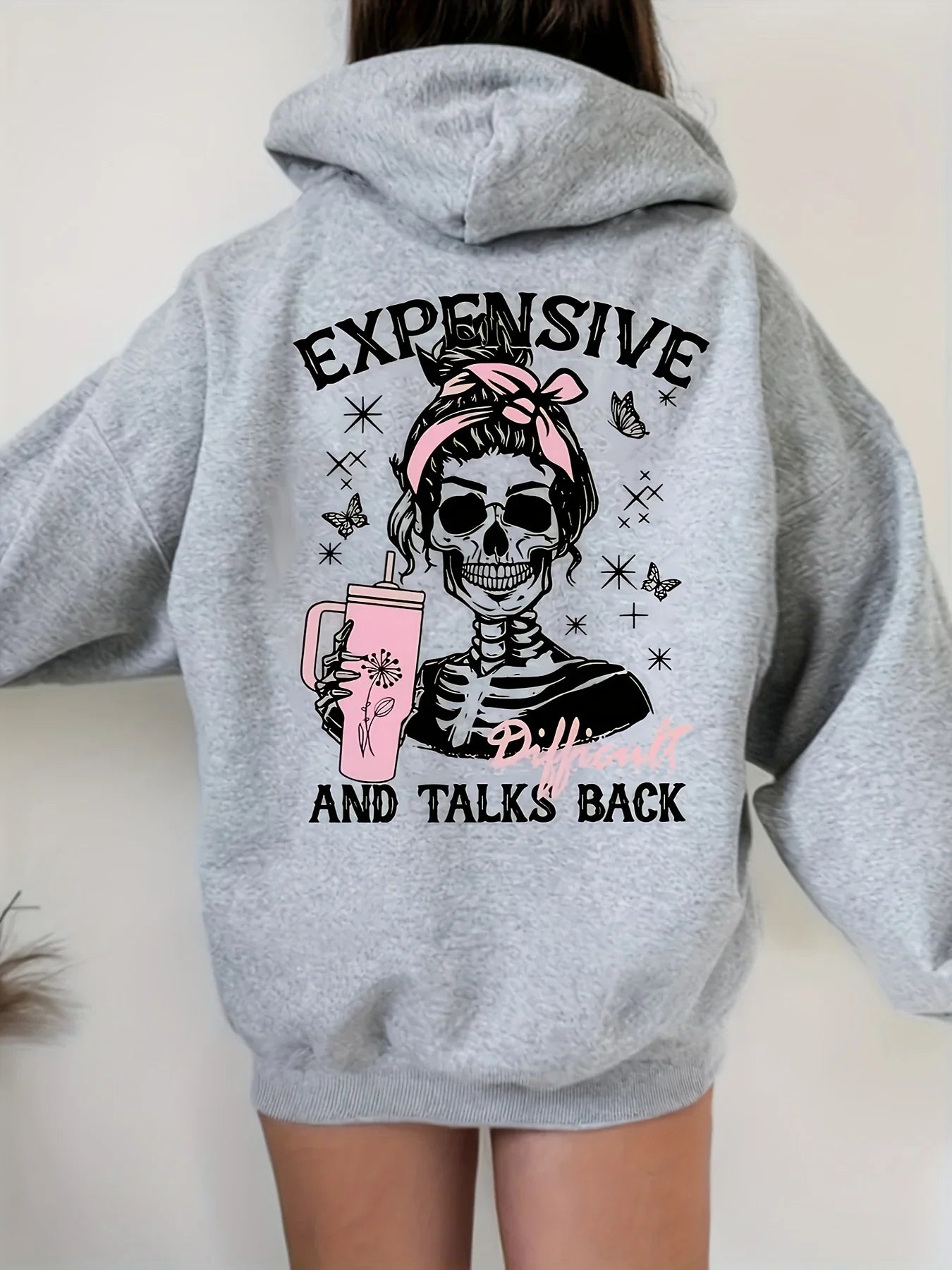 2025 Women's Edgy Skull & Stars Graphic Print Hoodie Expensive Talks Back Pullover Sweatshirt Autumn Winter Hoodie
